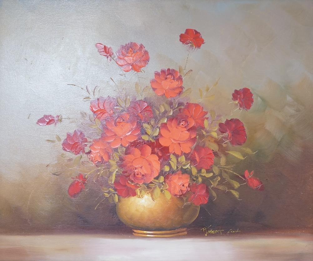 Robert Cox, Decorative study of flowers in a jug, signed, oil on canvas, 50 x 60cm